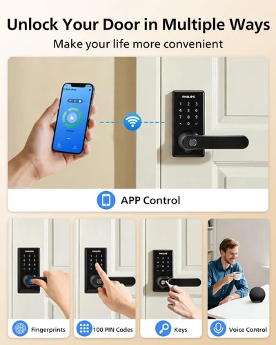 Miniatura 4 de Philips - Cerradura de puerta inteligente Wi-Fi con asa, cerradura de puerta de entrada sin llave, perilla de puerta de huellas dactilares, control