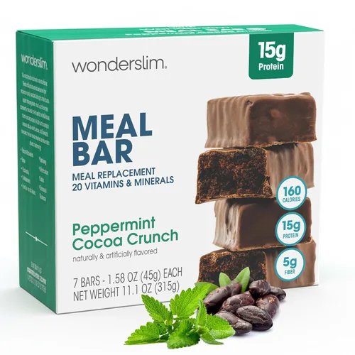 Miniatura 17 de Barra de proteínas WonderSlim para reemplazo de comida, Caramelo y Cacao, 15g de proteína, 20 vitaminas y minerales, sin gluten (7 unidades)