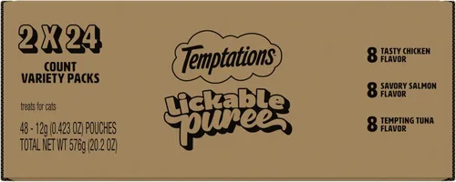 Miniatura 18 de Temptations Creamy Puree - Golosinas húmedas exprimibles para lamer para gatos con salmón, tubos de 0.42 onzas, 16