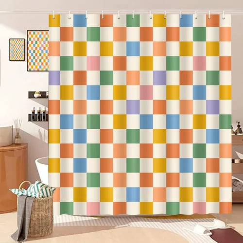 Miniatura 3 de Cortina de ducha a cuadros en blanco y negro, bonita cortina de ducha retro de tablero de ajedrez para decoración de baño, 72 x 72 pulgadas, cortina