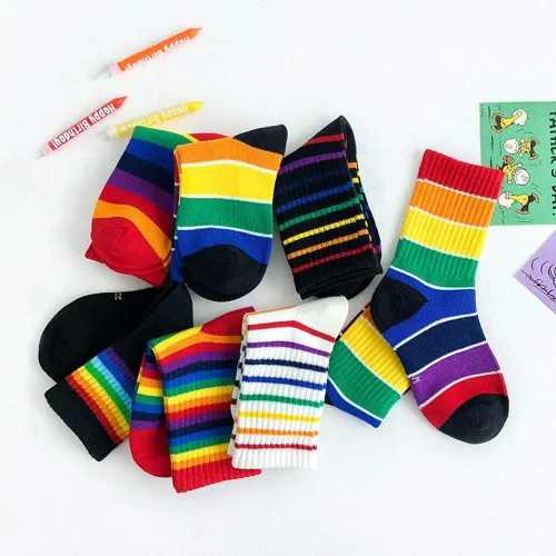 Miniatura 4 de EIAY Shop Calcetines de algodón con rayas arcoíris para niños y niñas grandes