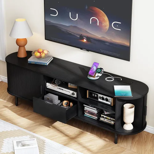 Miniatura 3 de ONBRILL Soporte de TV de 69 pulgadas con toma de corriente para televisores de hasta 80 pulgadas, centro de entretenimiento con almacenamiento
