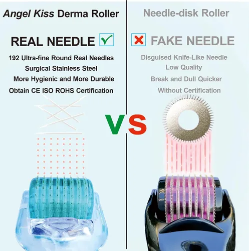 Miniatura 3 de Angel Kiss Real Needles - Rodillo Derma para rostro, cuerpo y cuero cabelludo, 192 microagujas individuales de acero inoxidable de 0.012 in, rodillo