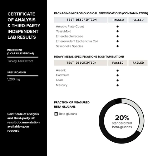 Miniatura 4 de Toniiq Cápsulas de hongos de cola de pavo - Ultra alta potencia con 20% de beta-glucanos - altamente concentradas - Probado en laboratorio