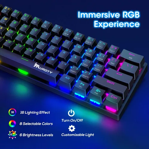 Miniatura 3 de Pauroty 60% Teclado mecánico inalámbrico, teclado de juego de triple modo 2.4G/USB-C/Bluetooth, retroiluminación RGB, interruptor azul clicky, Negro