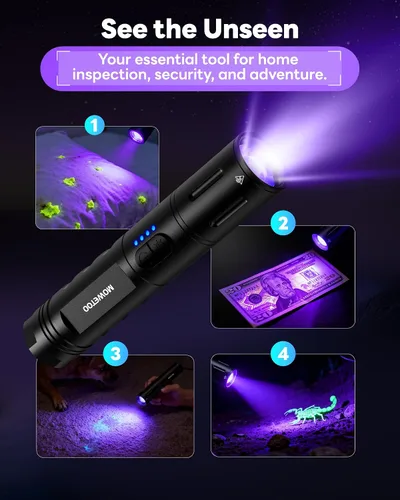 Miniatura 10 de Linterna de luz negra UV, recargable 2 en 1, linterna de luz blanca LED y luz negra de 395 nm, impermeable, zoomable, LED súper brillante
