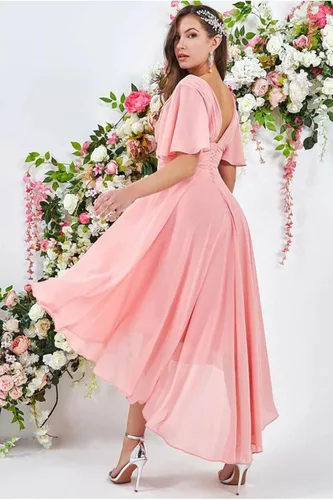 Miniatura 2 de High Low Bridesmaid Dresses 2023 V Neck Flutter Sleeves Formal Party Dress with Pockets