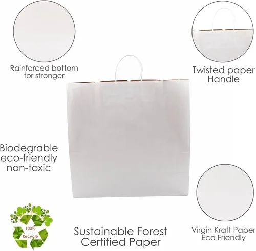 Miniatura 3 de JET PAPER BAGS - Bolsas grandes de papel blanco con asas de 18 x 7 x 18 pulgadas [25 piezas] ideales para llevar, comestibles, golosinas, venta al