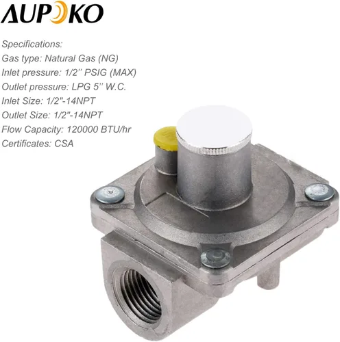 Miniatura 2 de Aupoko Regulador de parrilla de gas natural 1/2 "-14NPT LP Reguladores de gas, presión de entrada: 1/2 "PSIG, presión de salida LPG 5 "W.C, para gas