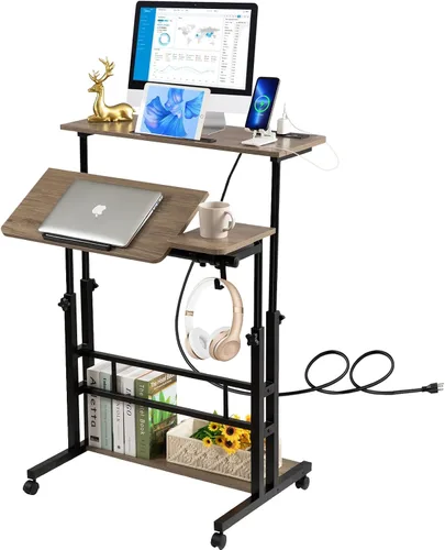 Miniatura 14 de Hadulcet Escritorio móvil de pie con estación de carga, escritorio ajustable para computadora de pie, carrito ajustable para laptop con ruedas