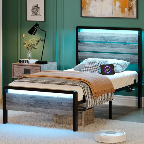 Miniatura 13 de VINGLI Base de cama de plataforma individual con cabecero y estribo LED, estación de carga USB, cama de panel de metal con espacio de almacenamiento