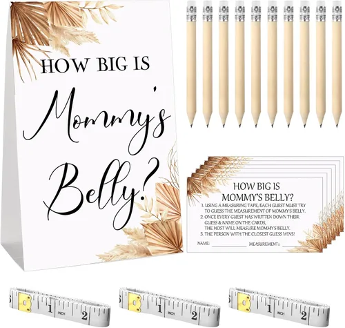 Miniatura 13 de Sabary 64 Piezas Juegos de Baby Shower Incluyen Letrero How Big is Mommy's Belly Sign Measure Bump Game 50 Tarjetas 10 Lápices 3 Cintas Métricas