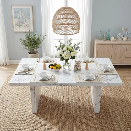 Miniatura 2 de gopop Mesa de comedor de mármol de 63 pulgadas, tablero de mesa de comedor MDF con patrón de mármol y base para cocina y comedor.