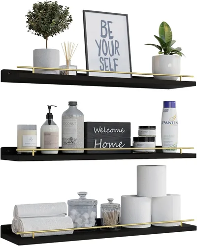 Miniatura 16 de WOPITUES Estantes flotantes con barandilla de metal negro, estantes para decoración de pared, juego de 3, estantes de pared para dormitorio, baño