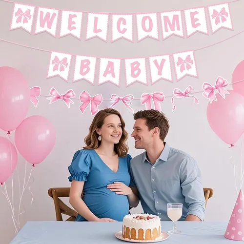 Miniatura 5 de Decoraciones de baby shower, 3 piezas de letrero de bienvenida para bebé, carteles con temática de lazos rosados, suministros para fiesta