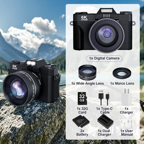 Miniatura 7 de Cámara digital 6K de 64 megapíxeles para fotografía y videoblogs para YouTube, pantalla giratoria de 180°, zoom autofocus de 16X, cámara de belleza