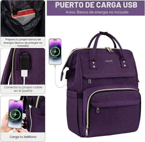 Miniatura 4 de LOVEVOOK - Mochila para laptop de mujer, de negocios, de viaje, bolsa de trabajo, Púrpura oscuro, 15,6 pulg.