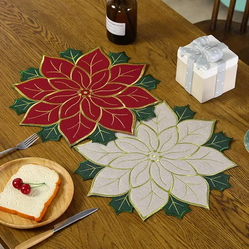 Miniatura 7 de Juego de manteles individuales de Navidad de 16 pulgadas, manteles individuales de flor de pascua con bordados y hojas verdes, manteles individuales