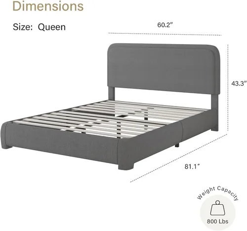Miniatura 2 de BarnFurin Base de cama de tamaño Queen, base de cama tapizada de plataforma con cabecero, estilo moderno, esquinas suaves y redondeadas, no hace