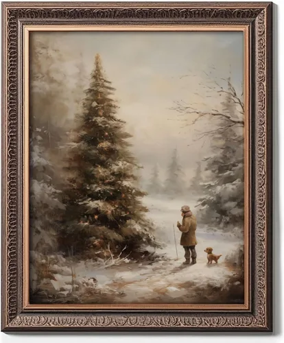 Arte de pared vintage de Navidad, impresión de arte de granja campestre acogedora, estampado de pino de bosque invernal de Santa Claus, decoración