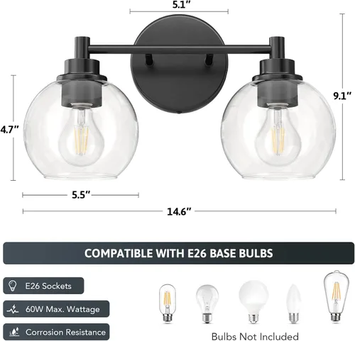 Miniatura 5 de VONLUCE Accesorios de iluminación de baño, luz de tocador de baño de 2 luces con pantallas de vidrio globo E26, luces de tocador para dormitorio
