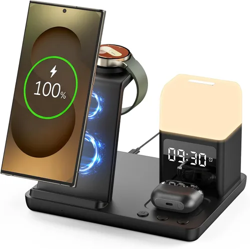 Cargador inalámbrico para Samsung/Android, 6 en 1, estación de carga para teléfono con despertador/luz nocturna para Samsung S25/S24/S23