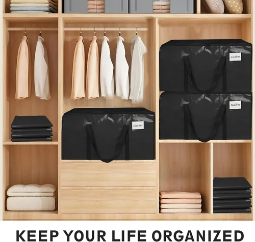 Miniatura 5 de Paquete de 4 bolsas de mudanza extra grandes y resistentes, bolsas de almacenamiento impermeables con asas y cremalleras, plegables para dormitorio