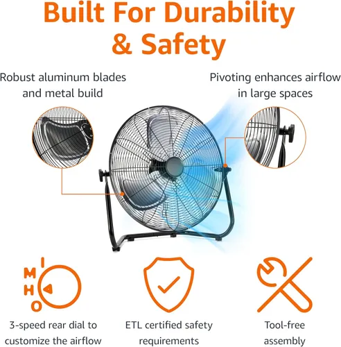 Miniatura 2 de Amazon Basics Ventilador industrial de alta velocidad de 18 pulgadas, ventilador de piso, con 3 velocidades, cabezal inclinable, cumple