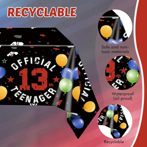 Miniatura 3 de Juego de 41 decoraciones para fiesta de cumpleaños número 13, color negro y rojo, incluye platos y servilletas, mantel para niños y niñas, dulce