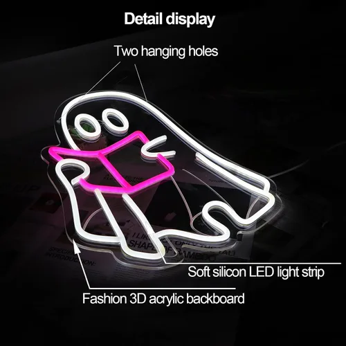 Miniatura 4 de Lámpara de libro de lectura fantasma, letrero de neón de fantasma de lectura, letrero de neón LED para sala de lectura, libro de lectura colgante