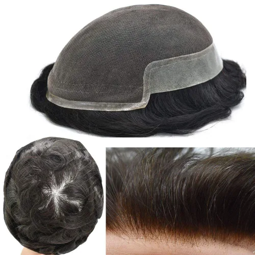 Miniatura 58 de Tupé de encaje suizo para hombres, piezas de cabello humano real, encaje frontal, sistema de reemplazo de cabello tipo tupé, nudo blanqueado, línea