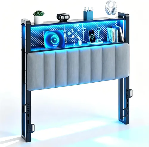 Miniatura 22 de VINGLI Cabecera LED Queen con 3 estantes de almacenamiento y estación de carga, moderna cabecera tapizada con luces RGB, puertos USB y toma de Lino