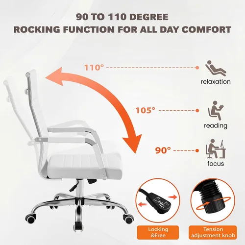 Miniatura 6 de Furmax silla de escritorio de oficina acanalada con respaldo medio de piel sintética silla de trabajo ejecutiva de conferencia silla giratoria Blanco