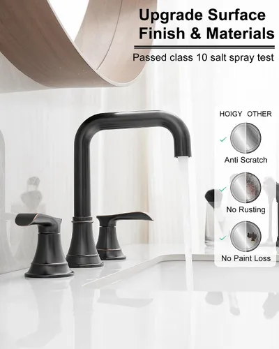Miniatura 5 de Grifo de baño de bronce aceitado de 8 pulgadas, 3 agujeros, giratorios de 360 grados con drenaje emergente, 2 asas para instalación moderna