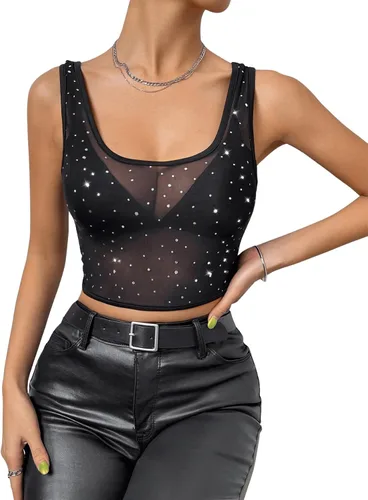 Miniatura 4 de Floerns Camiseta corta sin mangas de malla transparente con cuello redondo y diamantes de imitación para mujer