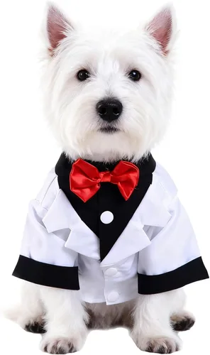 Miniatura 16 de GabeFish Chaquetas de boda para mascotas, traje para perros con pajarita, cachorro, gato, ropa formal camisa esmoquin (negro, S