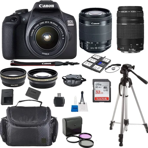 Canon EOS 2000D Rebel T7 Kit con lente EF-S 0.709-2.165 in f/3.5-5.6 III + lente Canon 75-300 F/4.5-5.6 III + paquete de accesorios + paño