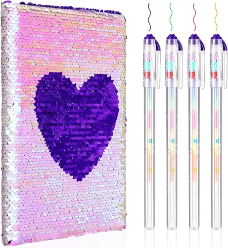 Outus Diario de San Valentín con lentejuelas para niñas, 4 unidades, con bolígrafos de tinta de gel de color, cuaderno con purpurina, diario de