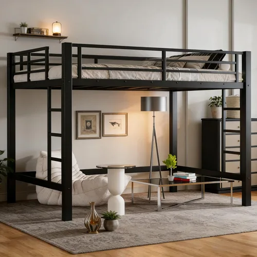 Miniatura 15 de Cama alta individual con escaleras, cama alta de metal individual con tapones antivibraciones y reducción de ruido, cama alta resistente
