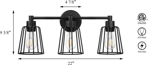 Miniatura 4 de XiNBEi Lighting XB-W1287-3-MB - Lámpara de baño de 3 luces, apliques industriales de jaula de metal para pared, acabado negro mate