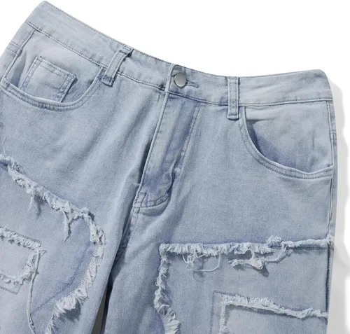 Miniatura 6 de LouVasabuce Pantalones de mezclilla desgastados desgastados y desgastados para hombre, corte recto, ajuste regular, pantalones de mezclilla apilados