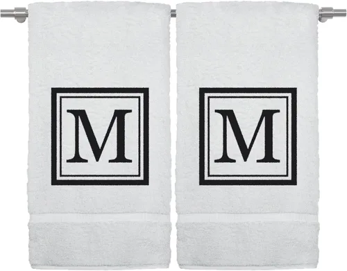 Juego de 2 toallas de mano con monograma, 16 x 30 pulgadas, regalo personalizado, letra negra bordada con diseño cuadrado sobre toalla blanca, extra