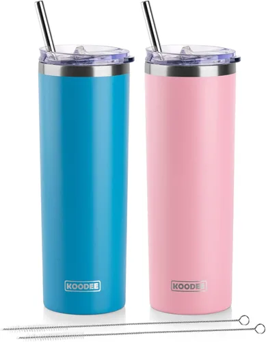 Miniatura 63 de Koodee - Vaso delgado de acero inoxidable de 20 onzas (4 unidades) aislado con doble pared, vaso de agua con 4 tapas, 4 popotes y 2 cepillos
