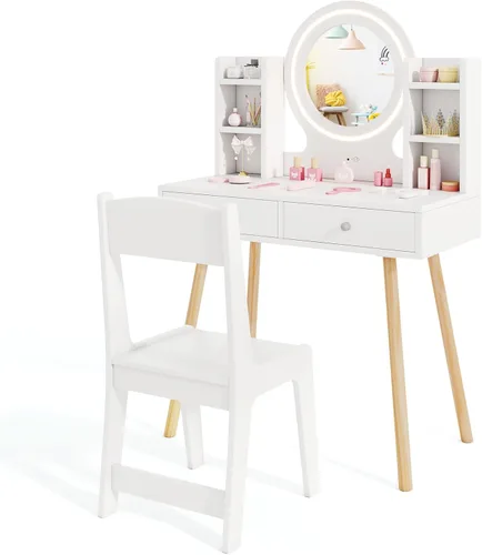Miniatura 9 de HONEY JOY Juego de tocador para niños, juego de tocador para niñas con espejo y taburete y luces, cajones y estantes de almacenamiento, mesa