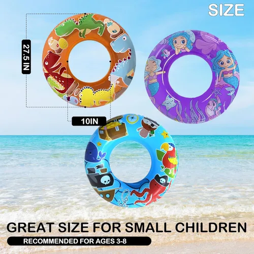 Miniatura 4 de Paquete de 3 flotadores de piscina para niños con diseño de dinosaurio/pirata/sirena, juguetes de piscina para niños pequeños, anillos de natación