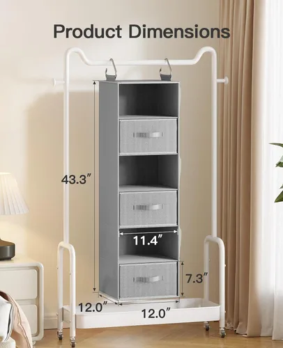 Miniatura 3 de Pipishell Organizador colgante de armario con 6 estantes, estantes colgantes para armario con 3 cajones extraíbles y bolsillos laterales