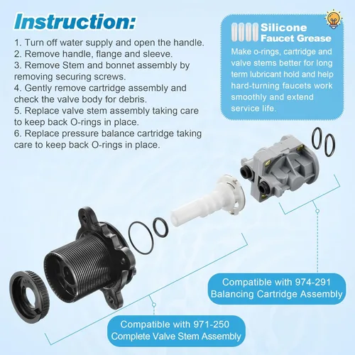 Miniatura 9 de Dreyoo Cartucho de equilibrio de presión de 4 piezas y conjunto de vástago de válvula, compatible con 971-2500 y 974-2910, compatible con válvula