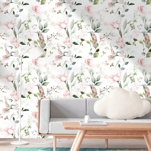 Miniatura 5 de Papel tapiz autoadhesivo vintage con peonía rosa, diseño de flores, pájaros, papel tapiz extraíble, para cubrir la pared, cajón de estante de 17.7
