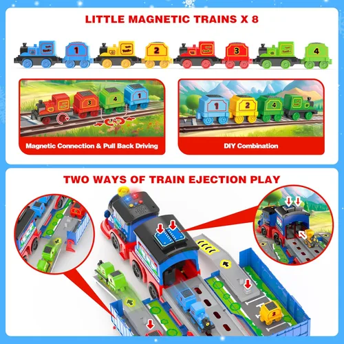 Miniatura 4 de Juego de tren de juguete 2 en 1 para niños pequeños, base de tren de catapulta con grúa torre móvil, 8 pequeños trenes magnéticos, efecto de luz