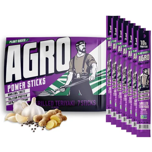 AGRO POWER - Palitos veganos de cecina, 0.35 oz de proteína por barra, sabor teriyaki a base de plantas, bolsa de 7 palitos, sin OMG, 40% menos de